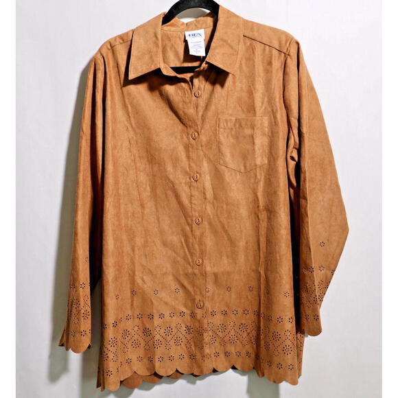 VTG Faux Suede Laser Cut Brown Button Up‎ Western Top Shacket Rodeo Cowgirl XL - Picture 1 of 7